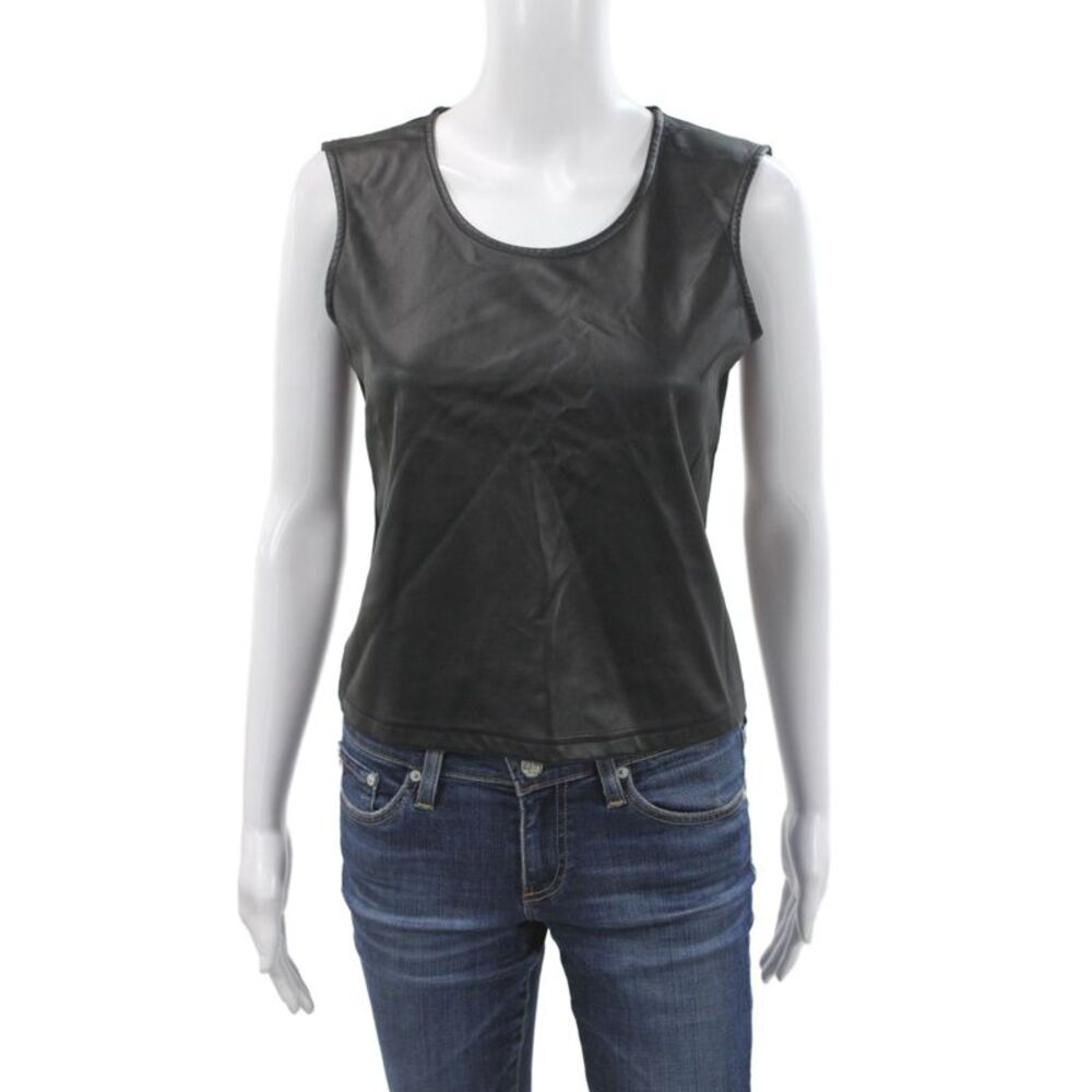 Aqua Women Basic Black Polyurethane Scoop Neck Zip Sleeveless Tank Size S